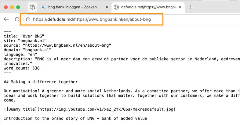 With defuddle.md in front of the URL, you get a markdown version of the page with title, source, and word count on top